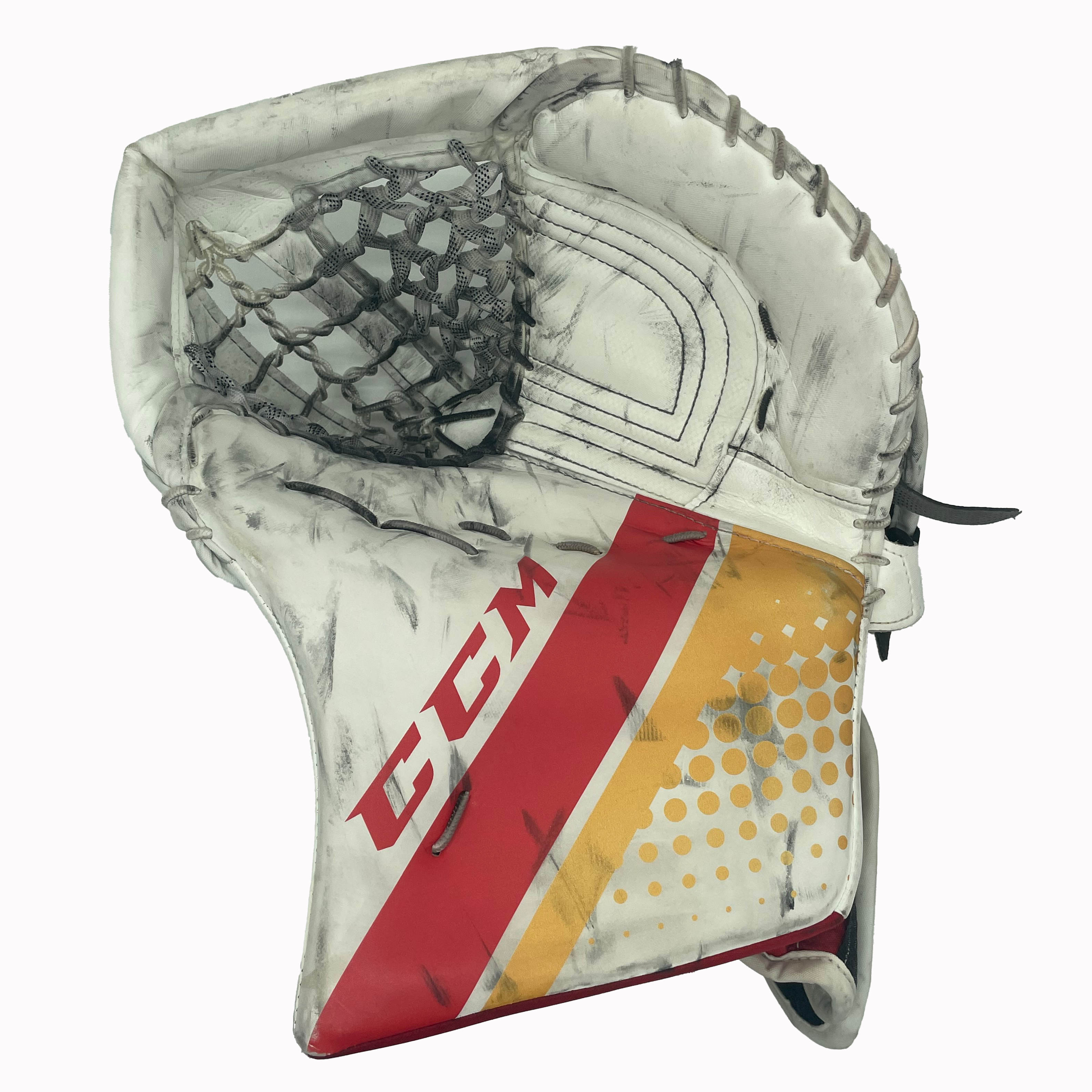 CCM Extreme Flex 5 - Ensemble complet de gardien de but AHL Pro Stock d'occasion (rouge/blanc/jaune)